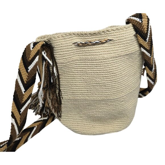 Handwoven Beige Crossbody Bag With Chevron Strap & Tassels lagenlook boho - Picture 3 of 7
